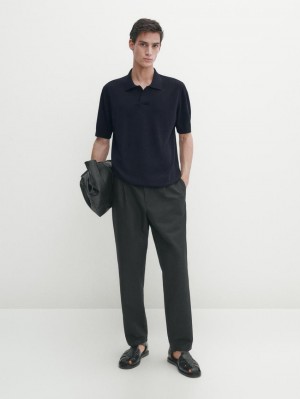 Massimo Dutti Cotton Blend Knit Men Polo Shirt Navy | US-MP7693052