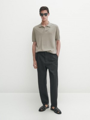 Massimo Dutti Cotton Blend Knit Men Polo Shirt Light Khaki | US-HX8724650