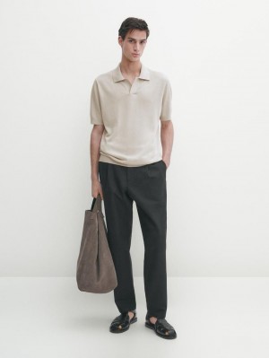Massimo Dutti Cotton Blend Knit Men Polo Shirt Beige | US-JG2846710