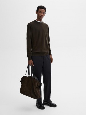 Massimo Dutti Cotton Blend Knit Men Sweater Dark Khaki | US-HQ4127059