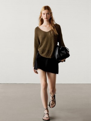 Massimo Dutti Cotton Blend Knit V-neck Women Sweater Olive | US-RE6805931
