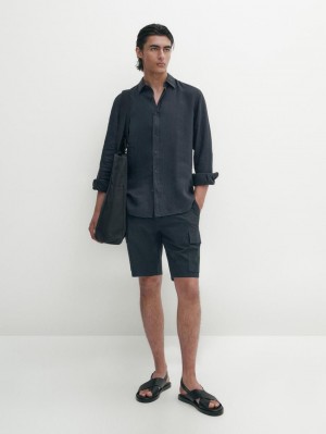 Massimo Dutti Cotton Blend Poplin Cargo Bermuda Men Shorts Navy | US-BU5320684