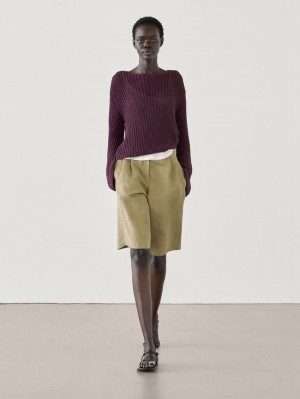 Massimo Dutti Cotton Blend Purl Knit Women Sweater Dark Purple | US-VK4508936