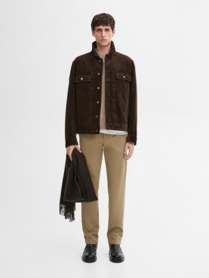 Massimo Dutti Cotton Blend Slim Fit Men Trousers Khaki | US-PI3628975