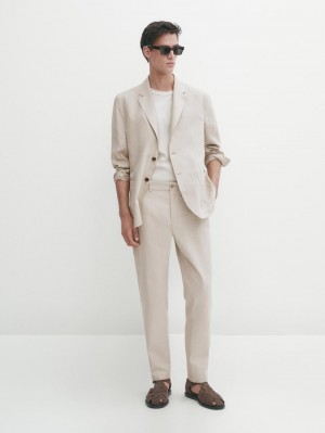 Massimo Dutti Cotton Blend Slim Fit Men Trousers Beige | US-ZC5120467