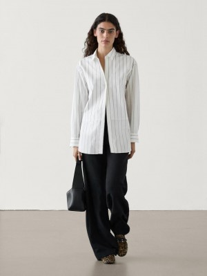 Massimo Dutti Cotton Blend Striped Oversize Women Blouse White | US-KS2906315