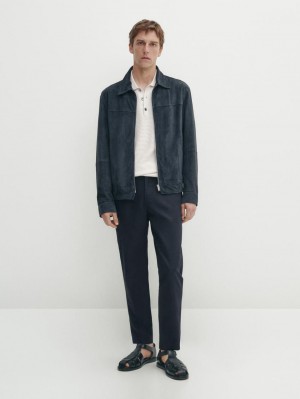 Massimo Dutti Cotton Blend Tapered Fit Men Trousers Navy | US-KI4930268