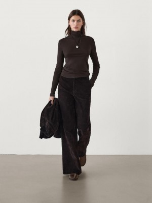 Massimo Dutti Cotton Blend Turtleneck Women T-Shirt Dark Brown | US-KB6824305