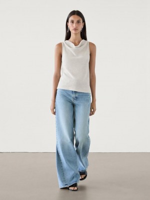 Massimo Dutti Cotton Blend With Cowl Neckline Women Top Light Grey | US-YS7804961