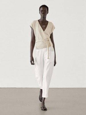 Massimo Dutti Cotton Blend With Lace Belt Women Top Cream | US-TU3150962