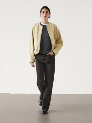 Massimo Dutti Cotton Blendwith Snap-button Pockets Women Bomber Jacket Yellow | US-FX7032496