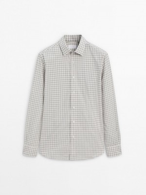 Massimo Dutti Cotton Check Men Shirts Cream / Grey | US-FU5089624