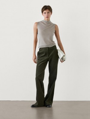 Massimo Dutti Cotton Corduroy Flare Women Trousers Dark Green | US-PD9380127