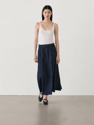 Massimo Dutti Cotton Denim Midi Women Skirts Dark Blue | US-GN5629731