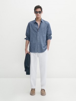 Massimo Dutti Cotton Denim With Contrast Topstitching Men Shirts Blue | US-JL6823971