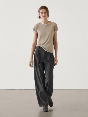 Massimo Dutti Cotton Double-ribbed Women T-Shirt Brown Beige | US-BX2796430