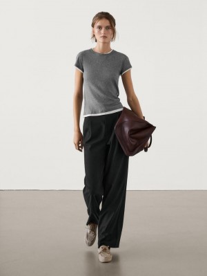 Massimo Dutti Cotton Double-ribbed Women T-Shirt Grey | US-KB3912506
