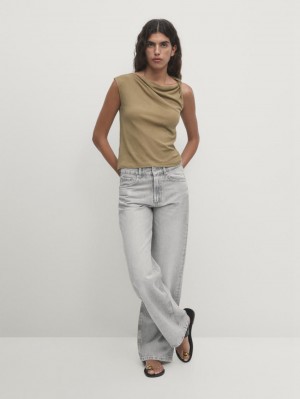 Massimo Dutti Cotton Draped Shoulder Women Top Olive | US-MD9523481