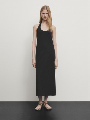 Massimo Dutti Cotton Halterneck Women Dress Black | US-DX7083152