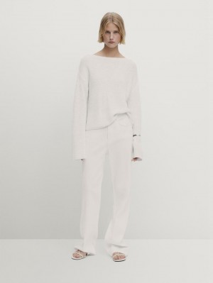 Massimo Dutti Cotton Knit Boat Neck Women Sweater Cream | US-LV1265893
