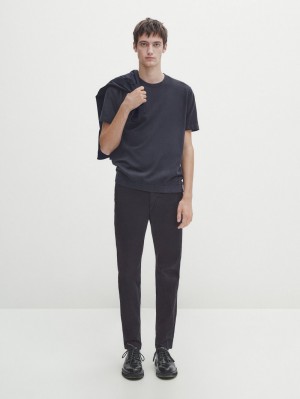 Massimo Dutti Cotton Knit Short Sleeve Men T-Shirt Navy | US-JP6590723