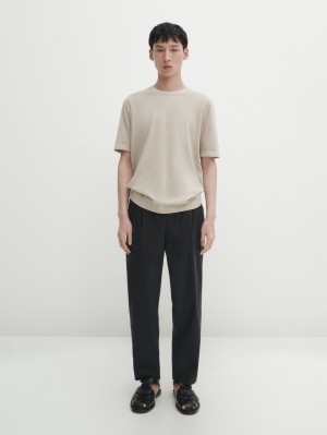 Massimo Dutti Cotton Knit Short Sleeve Men T-Shirt Beige | US-OV7985364