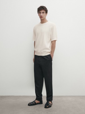 Massimo Dutti Cotton Knit With Short Sleeves Men T-Shirt Cream | US-BK3291045