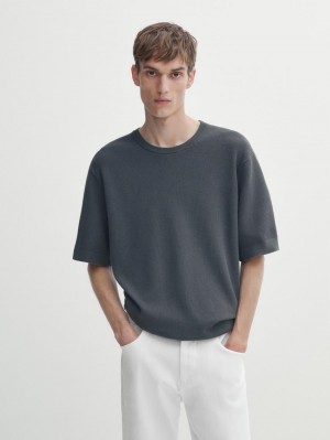 Massimo Dutti Cotton Knit With Short Sleeves Men T-Shirt Dark Grey | US-CZ9580763