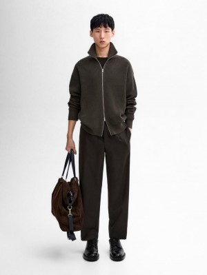 Massimo Dutti Cotton Knitted With Zip Men Cardigan Dark Olive | US-MX1482937