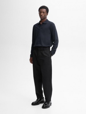 Massimo Dutti Cotton Long Sleeve Men Polo Shirt Navy | US-LJ8915467
