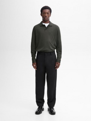 Massimo Dutti Cotton Long Sleeve Men Polo Shirt Dark Green | US-WH8534671
