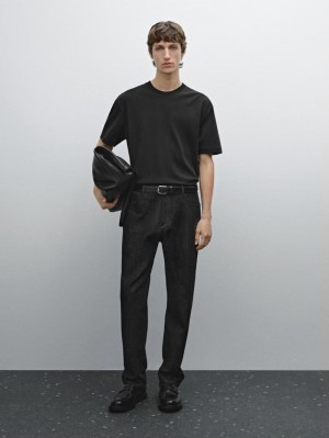 Massimo Dutti Cotton Medium Weight Men T-Shirt Black | US-MX1940352