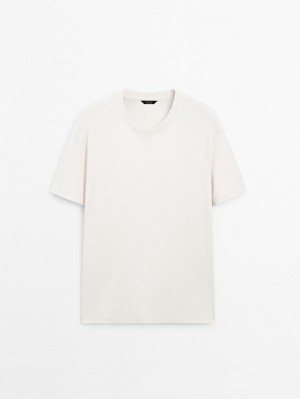 Massimo Dutti Cotton Medium Weight Men T-Shirt Cream | US-NX9621048