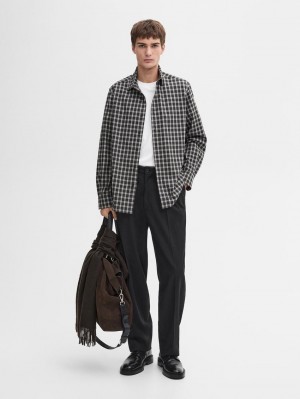 Massimo Dutti Cotton Melange Check Men Shirts Black / Grey | US-WO0692875