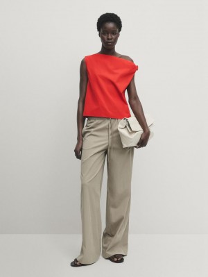 Massimo Dutti Cotton Off-the-shoulder Women Top Red | US-JK3176049