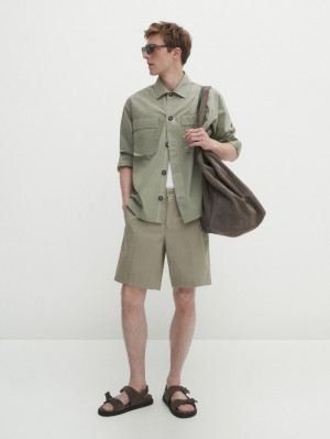 Massimo Dutti Cotton Poplin Bermuda Men Shorts Khaki | US-HI6530284
