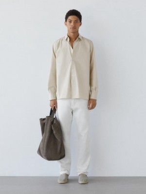 Massimo Dutti Cotton Poplin With Pocket Men Shirts Beige | US-UM4187239