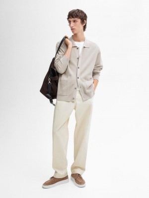 Massimo Dutti Cotton Ribbed Knit Men Cardigan Beige | US-KU8209713
