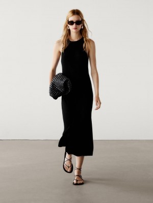 Massimo Dutti Cotton Ribbed Midi Women Dress Black | US-LU2047613