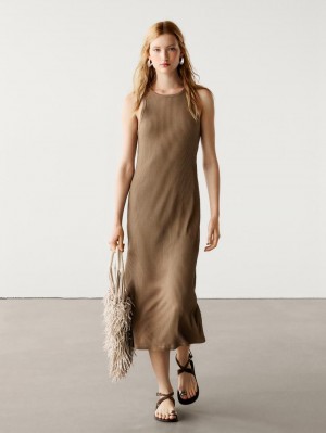 Massimo Dutti Cotton Ribbed Midi Women Dress Brown | US-KV6719524