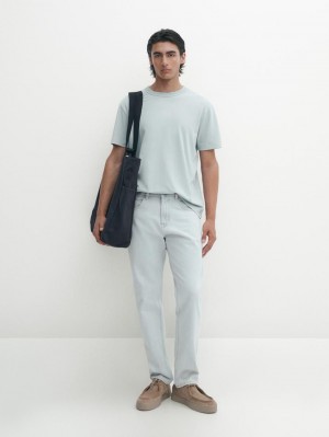 Massimo Dutti Cotton Short Sleeve Men T-Shirt Light Blue | US-ID2013975