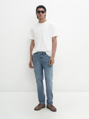 Massimo Dutti Cotton Short Sleeve Men T-Shirt Cream | US-SD1342678