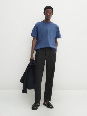 Massimo Dutti Cotton Short Sleeve Men T-Shirt Blue | US-LR5691780