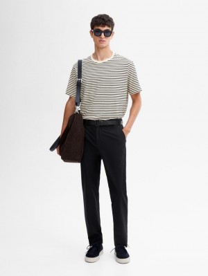 Massimo Dutti Cotton Short Sleeve Men T-Shirt Cream / Black | US-RJ9624730