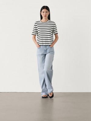 Massimo Dutti Cotton Short Sleeve Striped Women T-Shirt White / Black | US-MG1698734