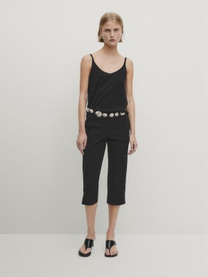 Massimo Dutti Cotton Strappy Women Top Black | US-ZT4835206