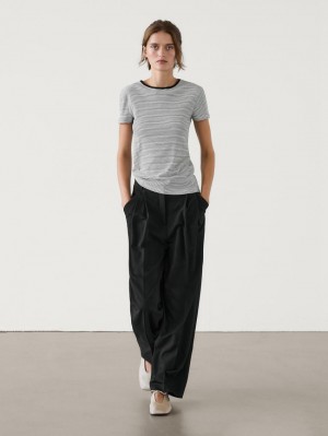 Massimo Dutti Cotton Stripe Women T-Shirt Black / White | US-DP8645093