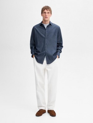 Massimo Dutti Cotton Twill Denim Men Shirts Blue | US-GE4172369