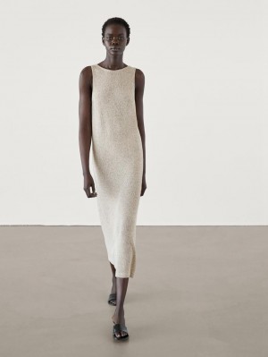 Massimo Dutti Cotton Twisted Yarn Knit Midi Women Dress Beige | US-ZE3048576