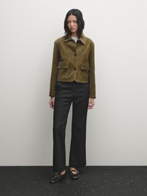 Massimo Dutti Cotton Velvet Women Jacket Olive | US-OG9708516